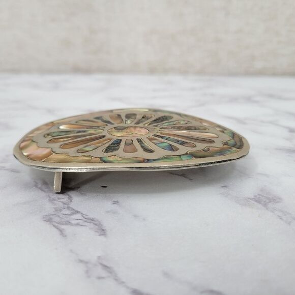 Vintage Belt Buckle Mexico Iridescent Abalone Shell Accent Silver Toned main image 2